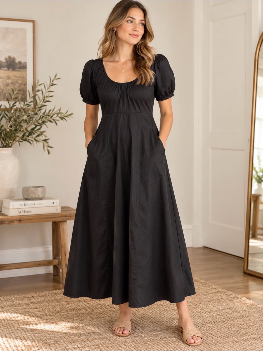 Old Navy Black Cotton Puff Sleeve Midi Dress | Size Medium | Side Pockets